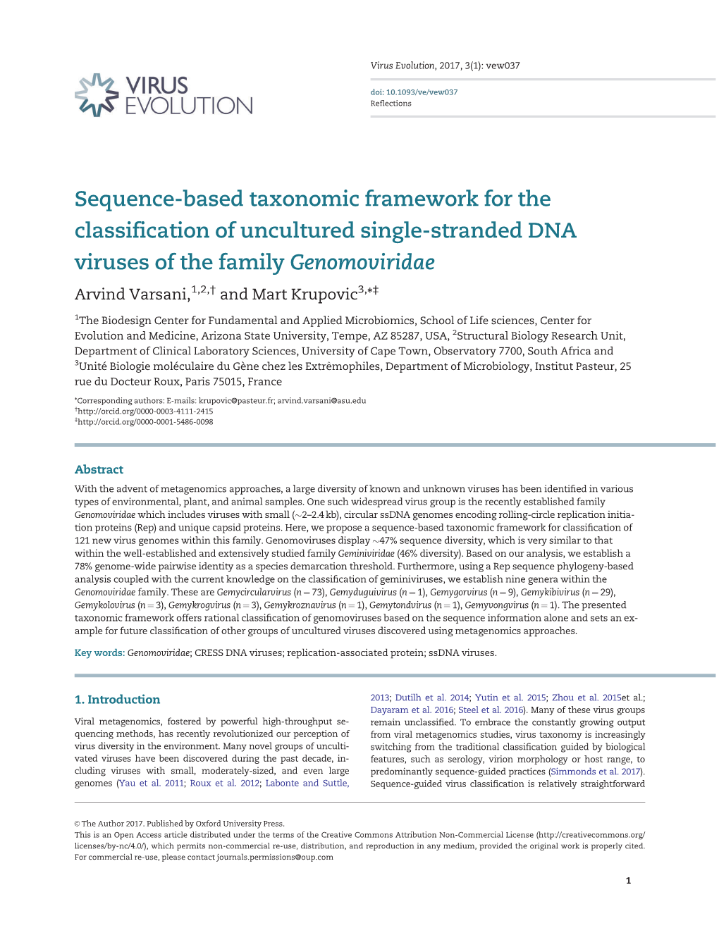 Sequence-Based Taxonomic Framework for the Classification of Uncultured Single-Stranded DNA Viruses of the Family Genomoviridae