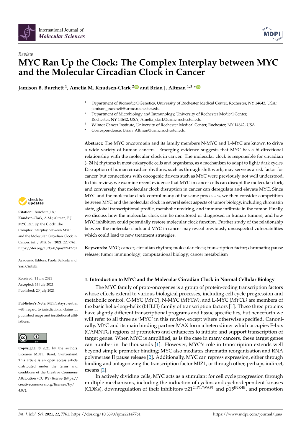 The Complex Interplay Between MYC and the Molecular Circadian Clock in Cancer