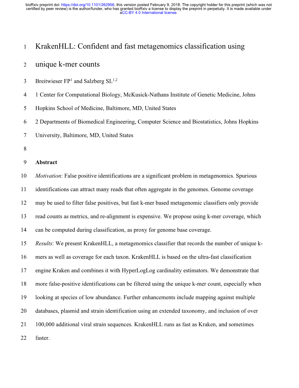 Confident and Fast Metagenomics Classification Using Unique K-Mer