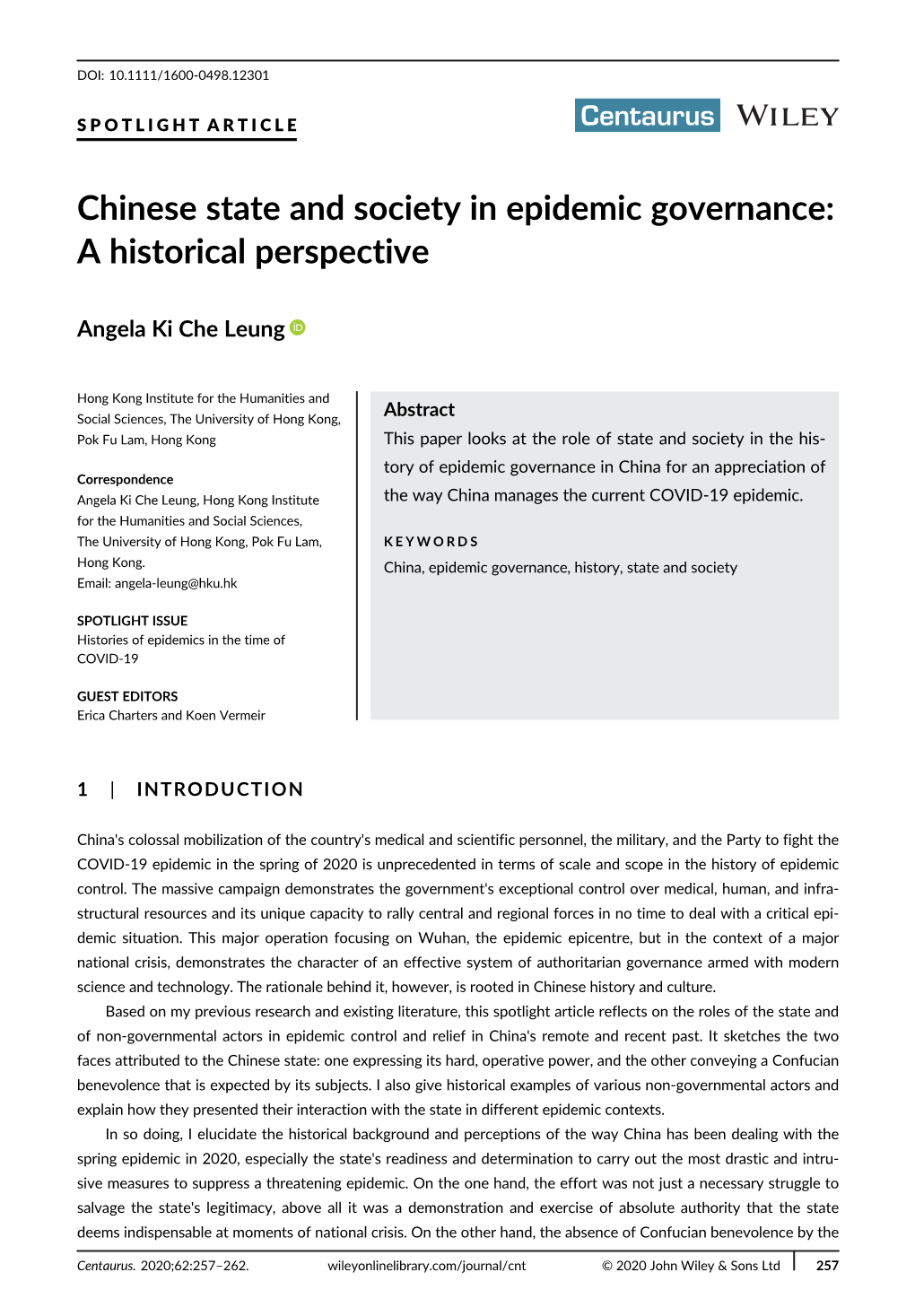 Chinese State and Society in Epidemic Governance: a Historical Perspective