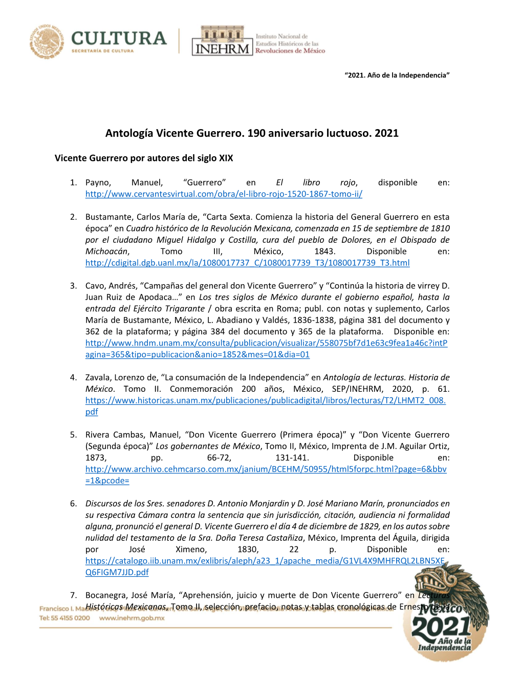 Antología Vicente Guerrero. 190 Aniversario Luctuoso. 2021