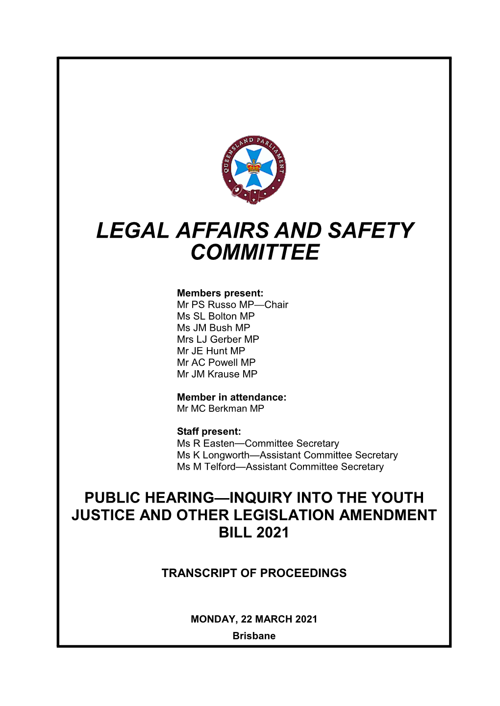 Youth Justice and Other Legislation Amendment Bill 2021