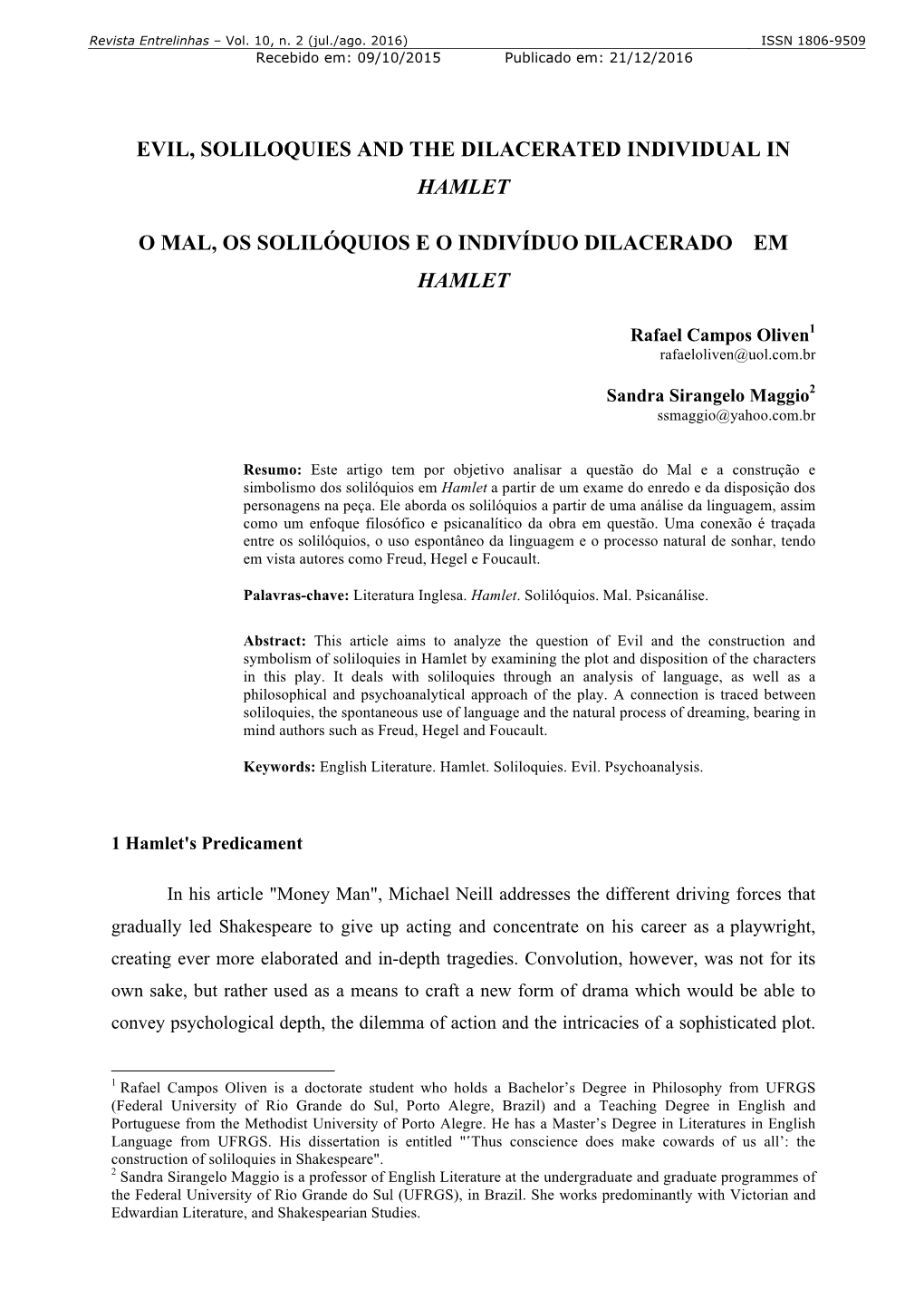 Evil, Soliloquies and the Dilacerated Individual in Hamlet O Mal, Os Solilóquios E O Indivíduo Dilacerado Em Hamlet