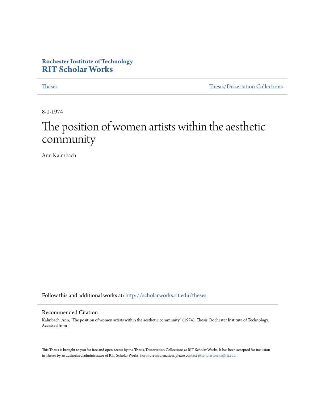 The Position of Women Artists Within the Aesthetic Community Ann Kalmbach