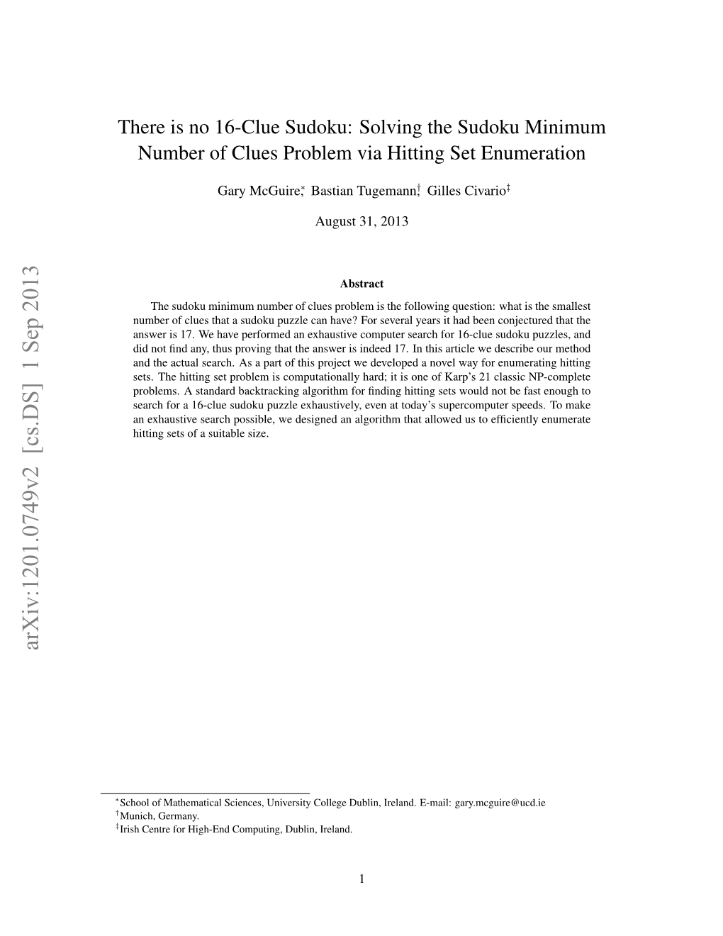 Solving the Sudoku Minimum Number of Clues Problem Via Hitting Set Enumeration