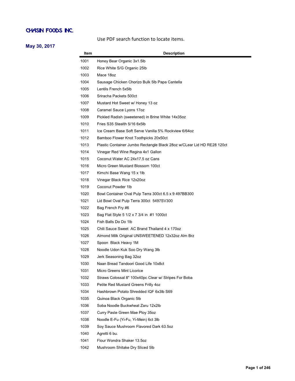 Chasin Foods Inc. Use PDF Search Function to Locate Items