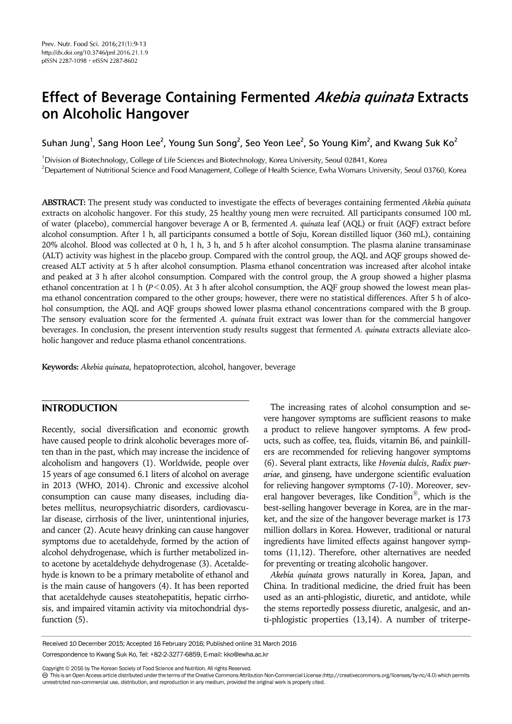 Effect of Beverage Containing Fermented Akebia Quinata Extracts on Alcoholic Hangover