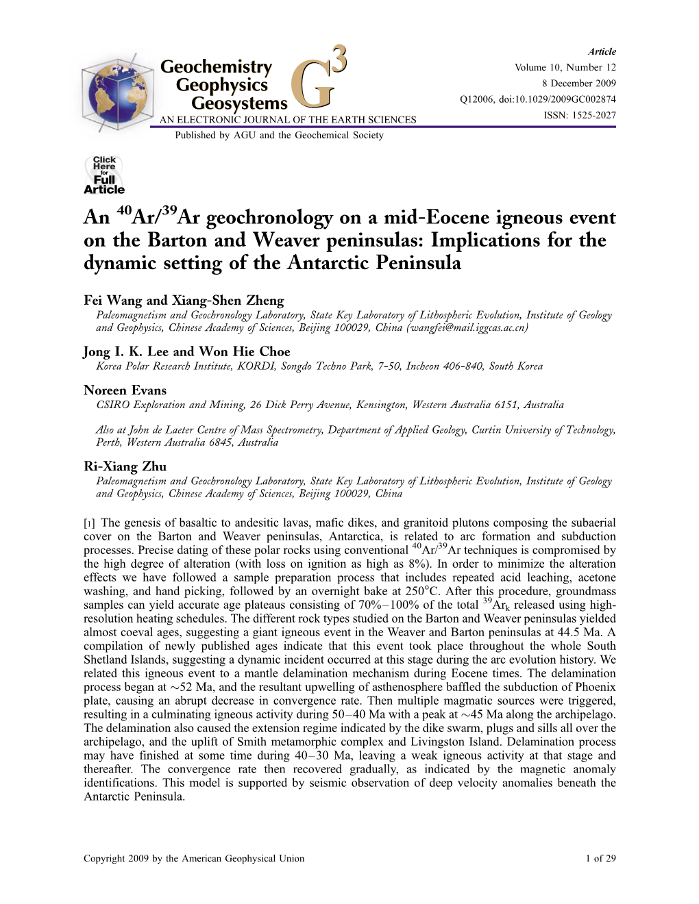 Ar Geochronology on a Mid-Eocene Igneous Event on the Barton and Weaver Peninsulas: Implications for the Dynamic Setting of the Antarctic Peninsula