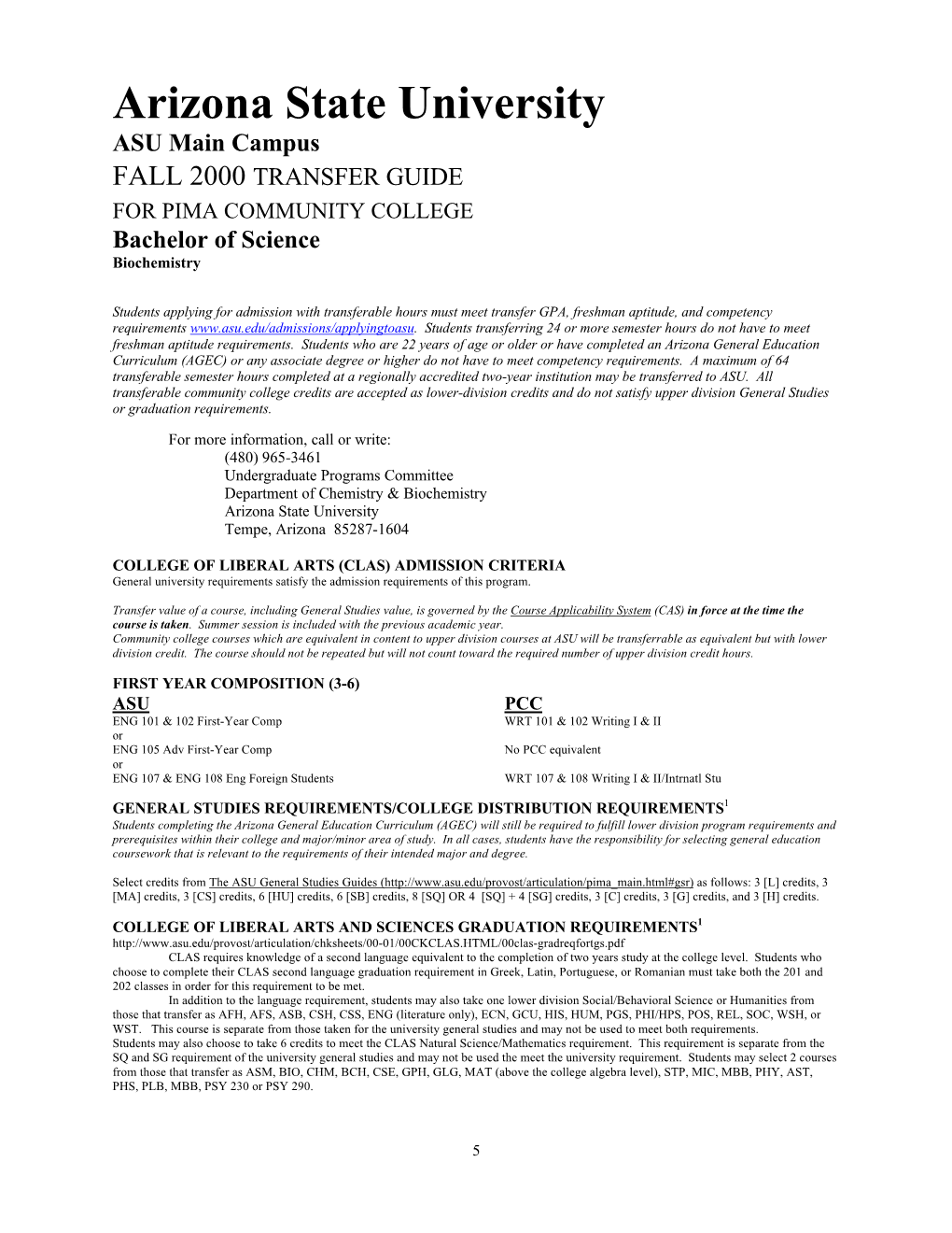 Transfer Guide for Bachelor of Science in Biochemistry for Pima