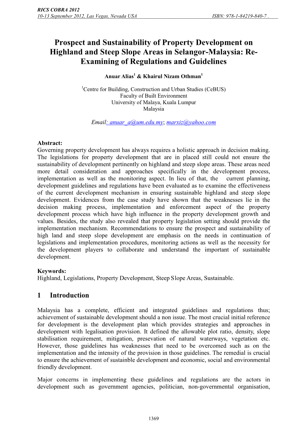 Prospect and Sustainability of Property Development on Highland and Steep Slope Areas in Selangor-Malaysia: Re- Examining of Regulations and Guidelines