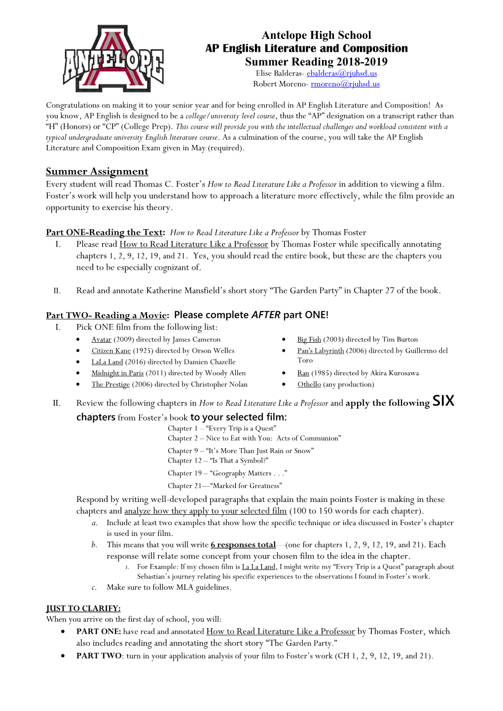 Antelope High School AP English Literature and Composition Summer Reading 2018-2019 Elise Balderas- Ebalderas@Rjuhsd.Us Robert Moreno- Rmoreno@Rjuhsd.Us
