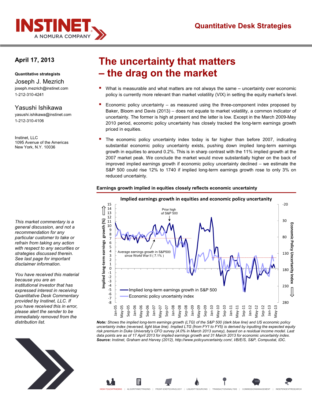 The Uncertainty That Matters Quantitative Strategists – the Drag on the Market Joseph J