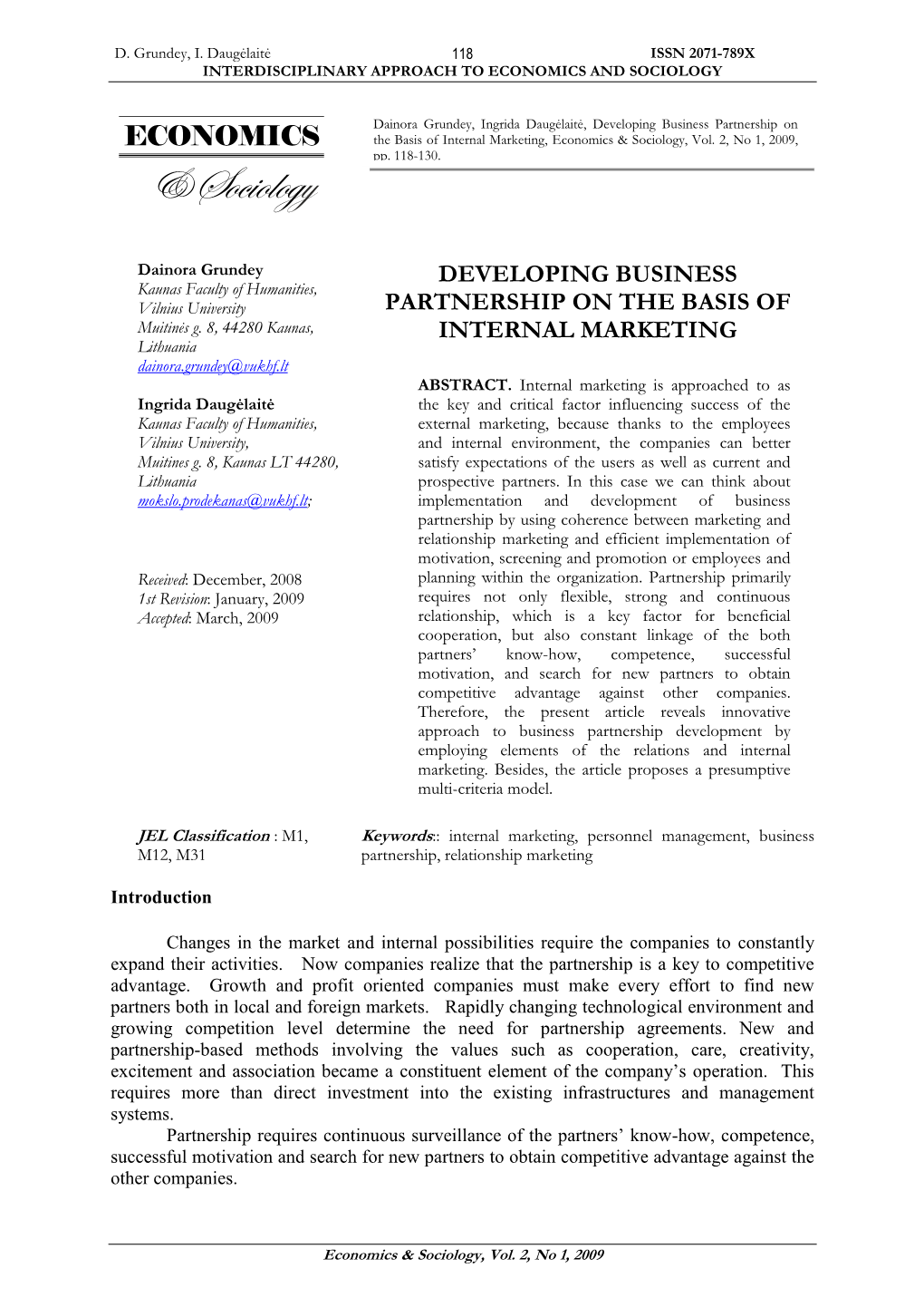 Developing Business Partnership on the Basis of Internal Marketing, Economics & Sociology, Vol