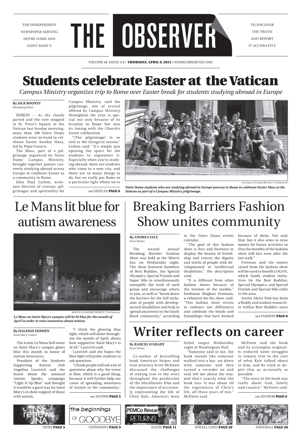 Students Celebrate Easter at the Vatican Le Mans Lit Blue for Autism