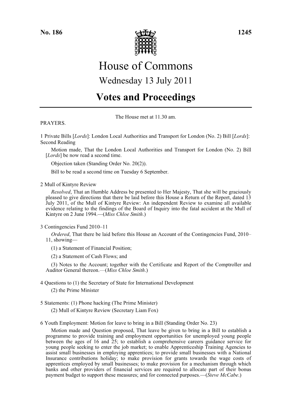 House of Commons Wednesday 13 July 2011 Votes and Proceedings