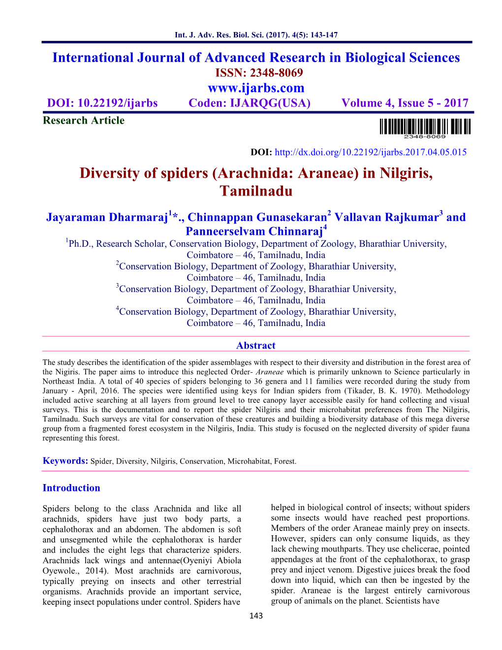 Diversity of Spiders (Arachnida: Araneae) in Nilgiris, Tamilnadu