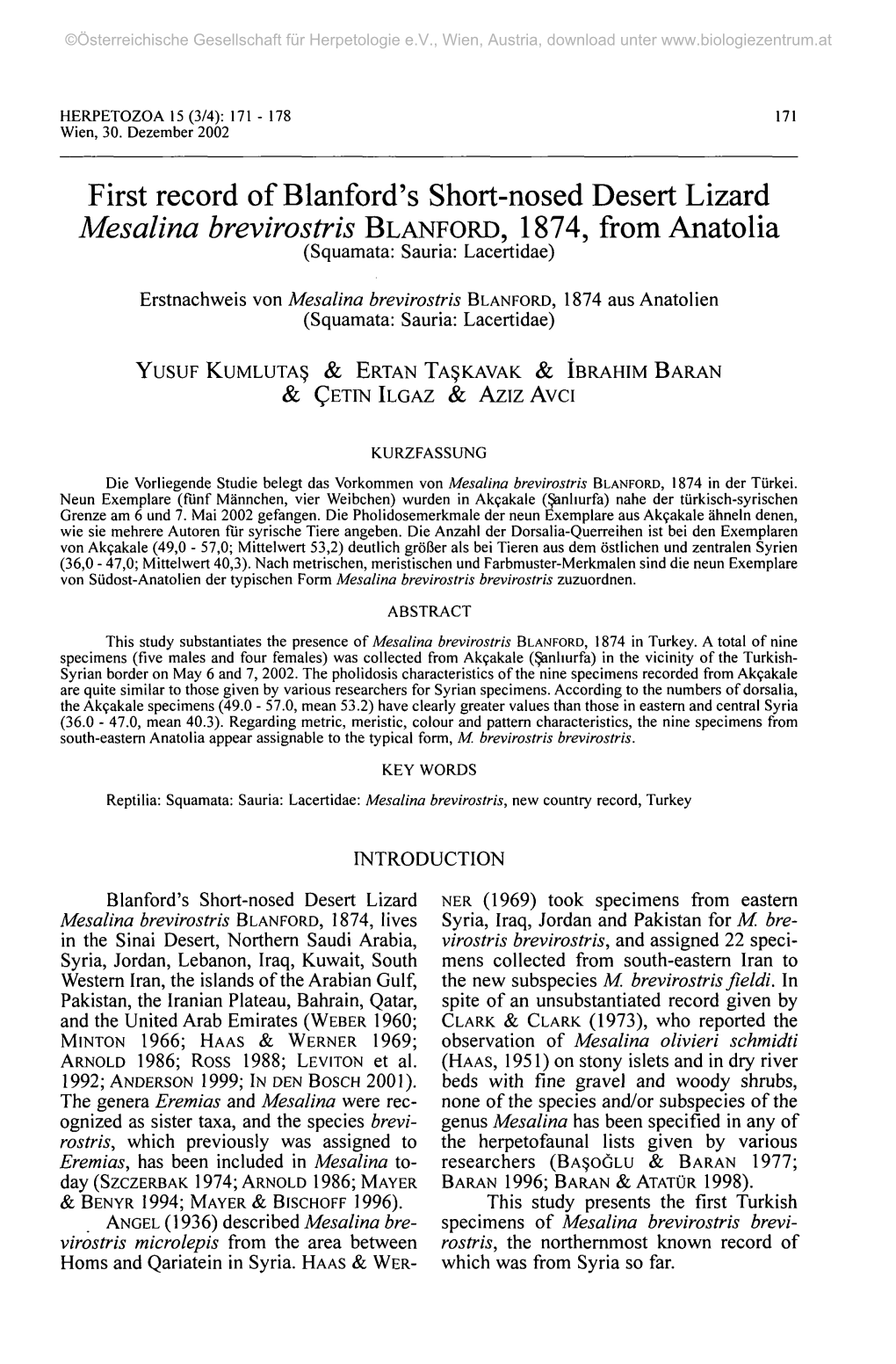 First Record of Blanford's Short-Nosed Desert Lizard Mesalina Brevirostris BLANFORD, 1874, from Anatolia (Squamata: Sauria: Lacertidae)