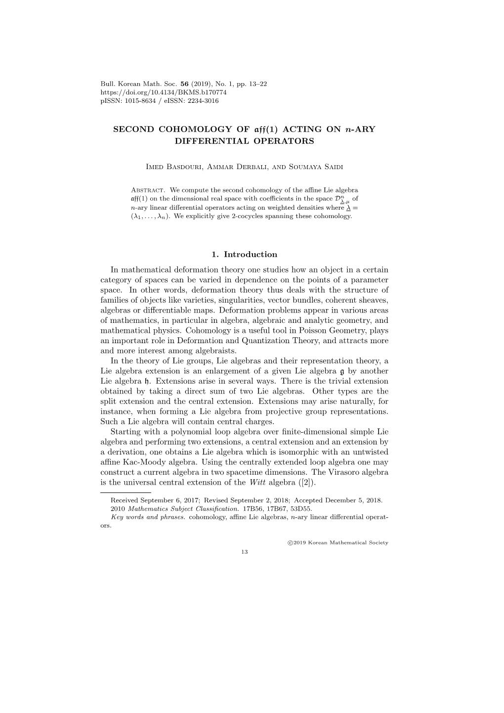 SECOND COHOMOLOGY of Aff(1) ACTING on N-ARY DIFFERENTIAL OPERATORS