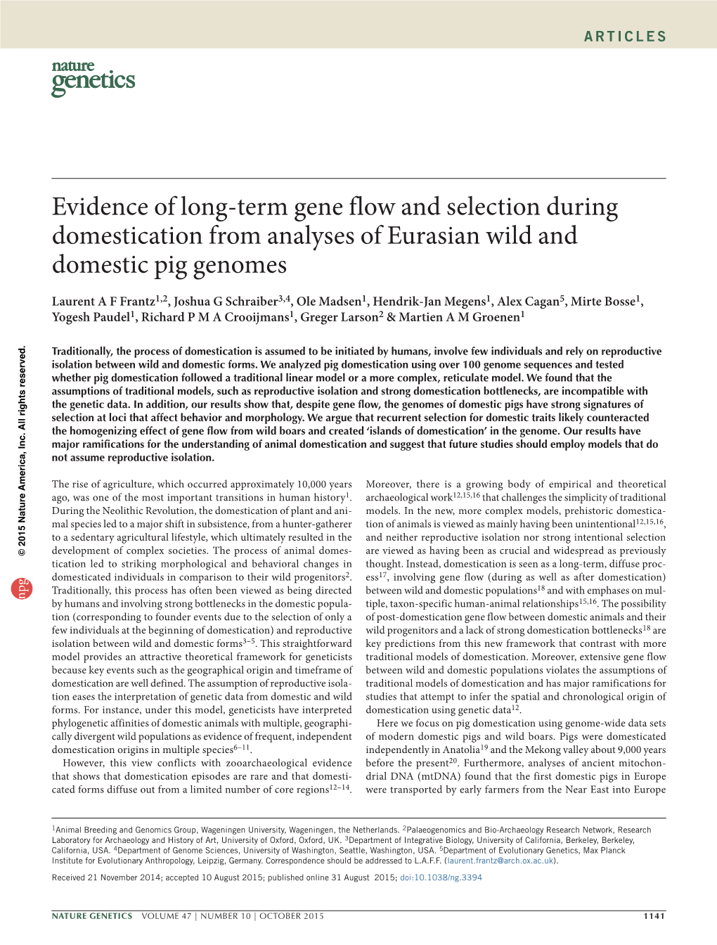 Evidence of Long-Term Gene Flow and Selection During Domestication from Analyses of Eurasian Wild and Domestic Pig Genomes