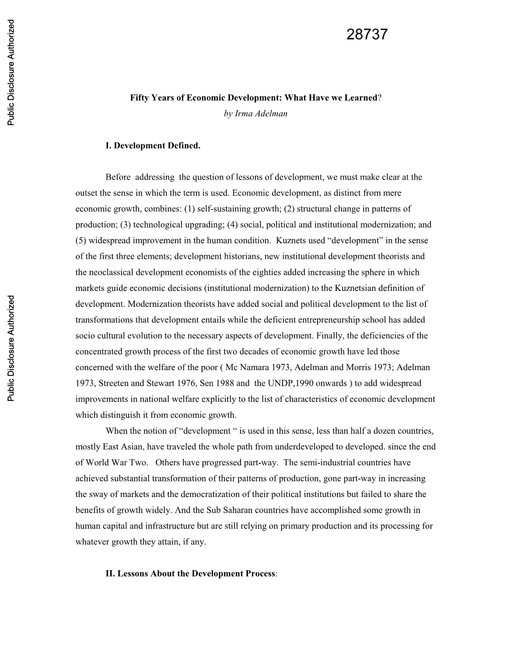 Fifty Years of Economic Development: What Have We Learned? by Irma Adelman Public Disclosure Authorized