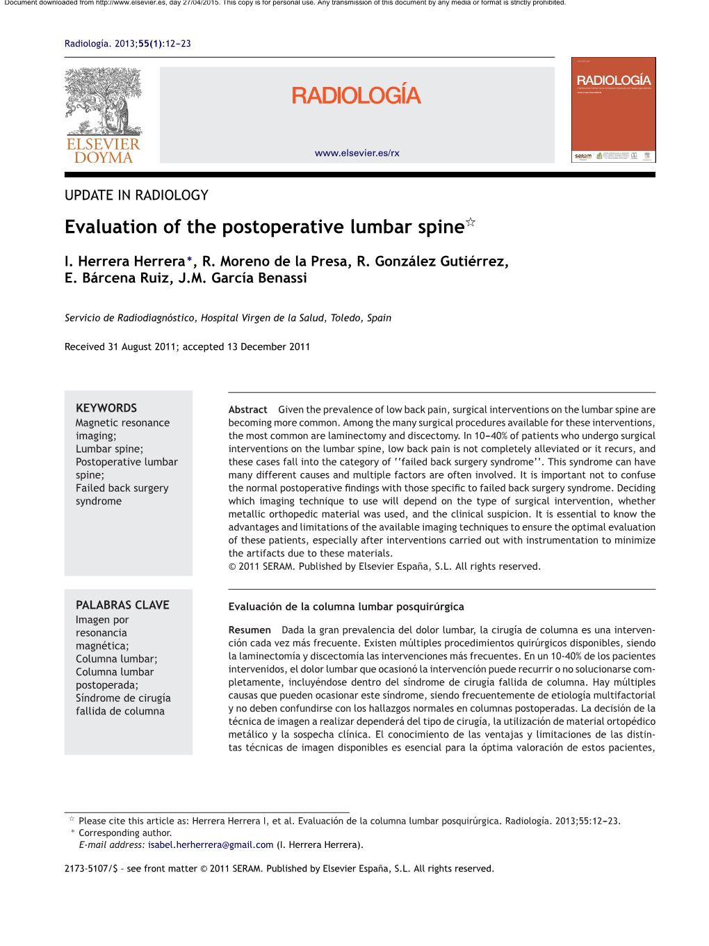 Evaluation of the Postoperative Lumbar Spine