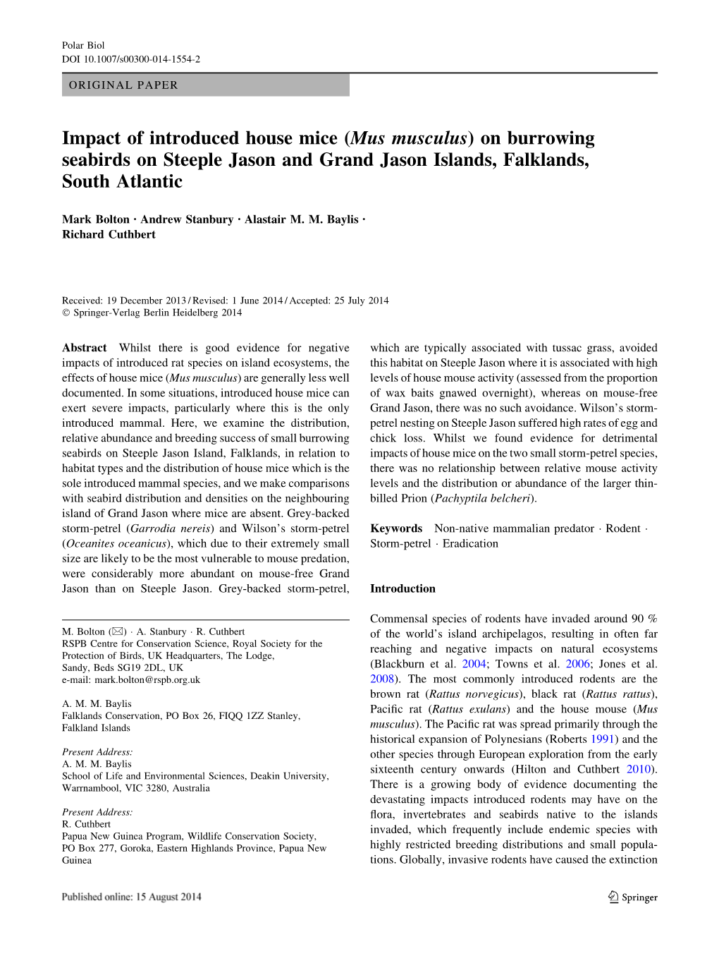 Impact of Introduced House Mice (Mus Musculus) on Burrowing Seabirds on Steeple Jason and Grand Jason Islands, Falklands, South Atlantic