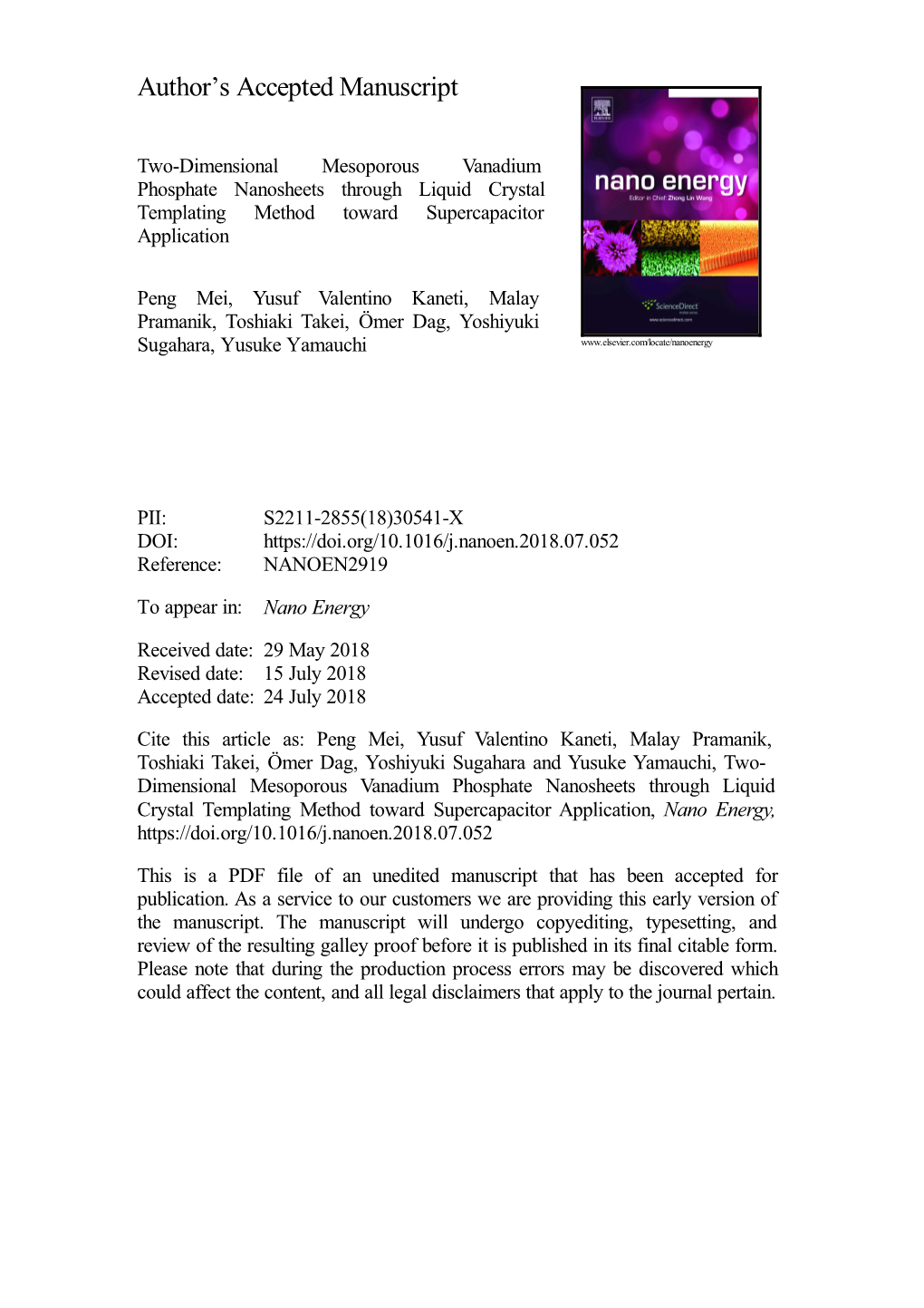 Two-Dimensional Mesoporous Vanadium Phosphate Nanosheets Through Liquid Crystal Templating Method Toward Supercapacitor Application