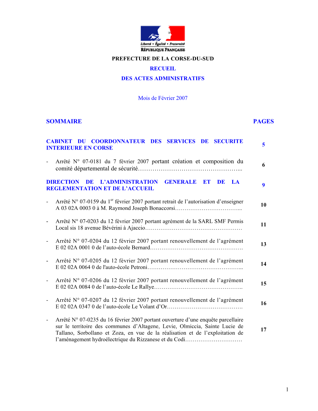 SOMMAIRE PAGES Comité Départemental De Sécurité…………………………………………