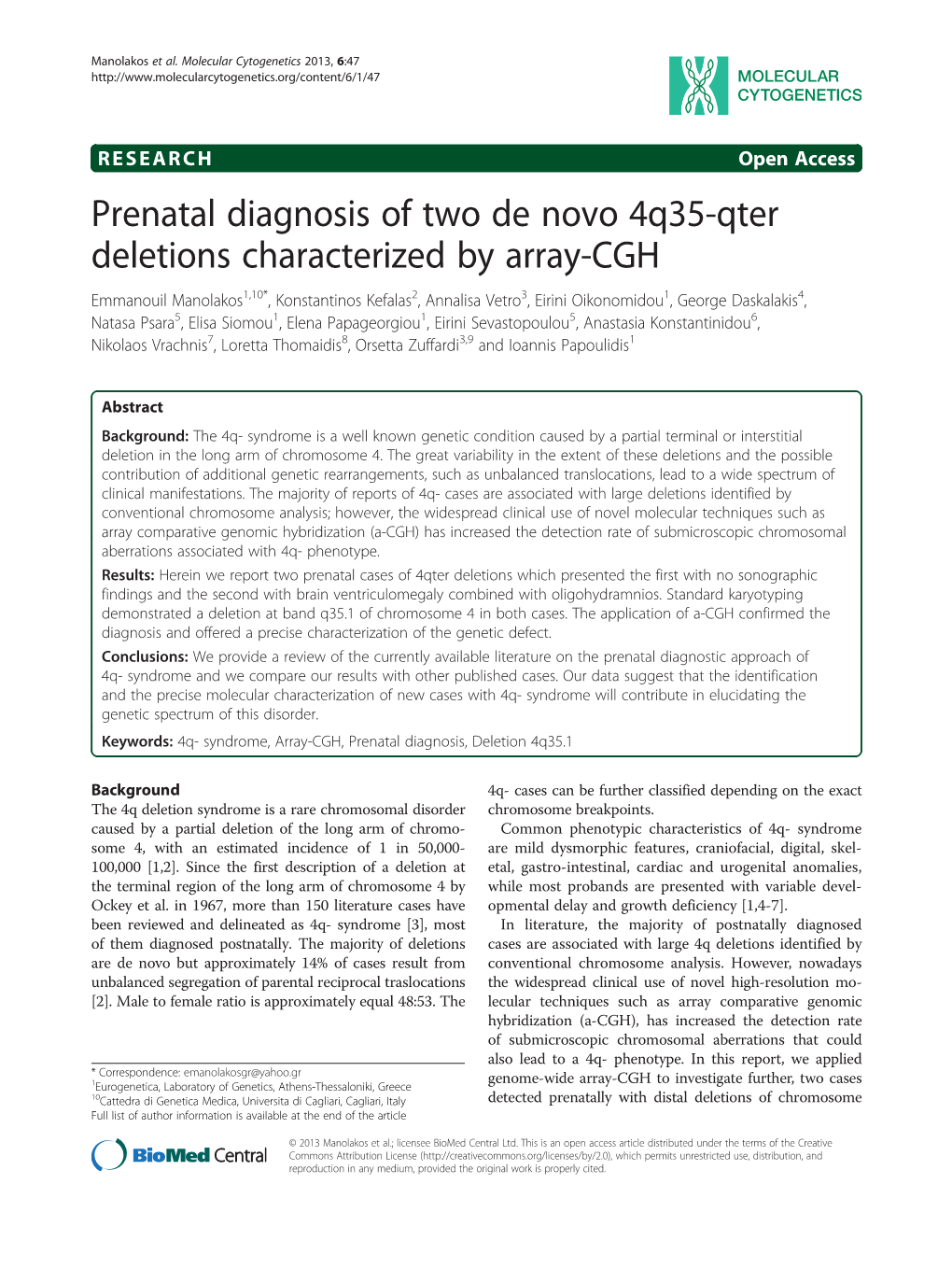 Prenatal Diagnosis of Two De Novo 4Q35-Qter Deletions Characterized