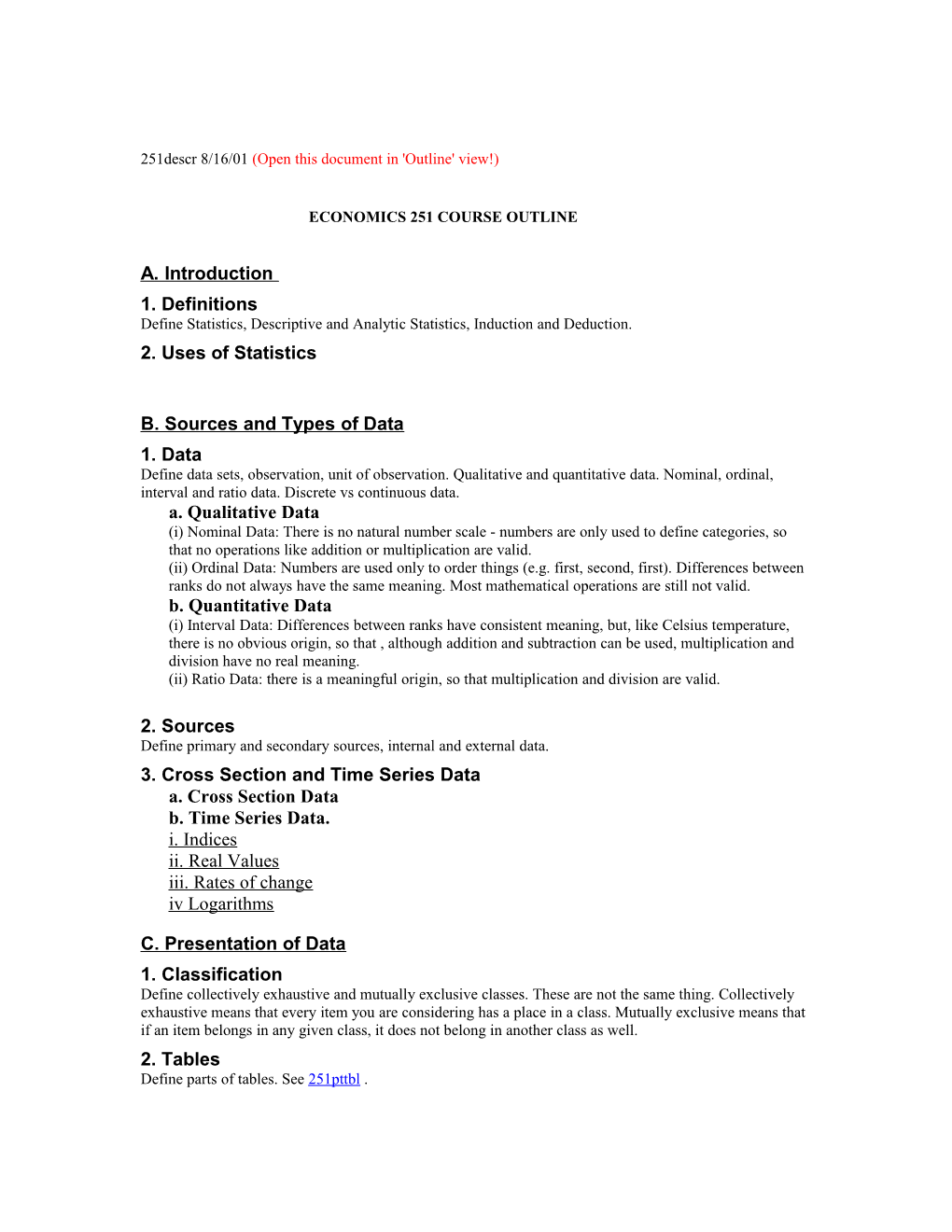 Outline of Eco 251-Descriptive Stats