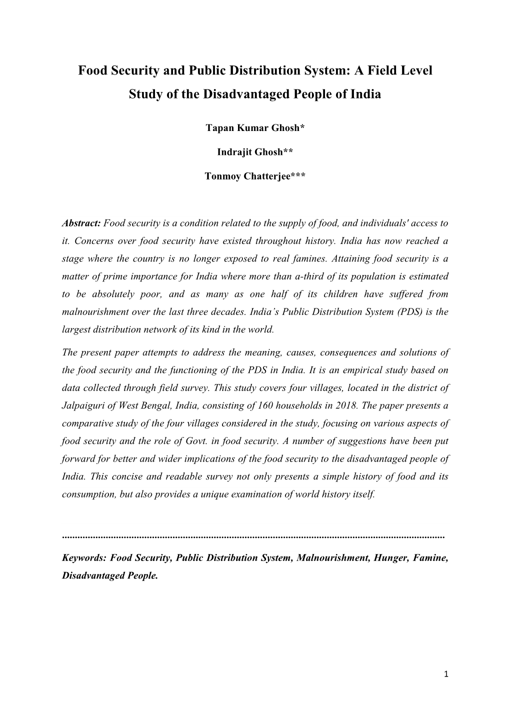 Food Security and Public Distribution System: a Field Level Study of the Disadvantaged People of India