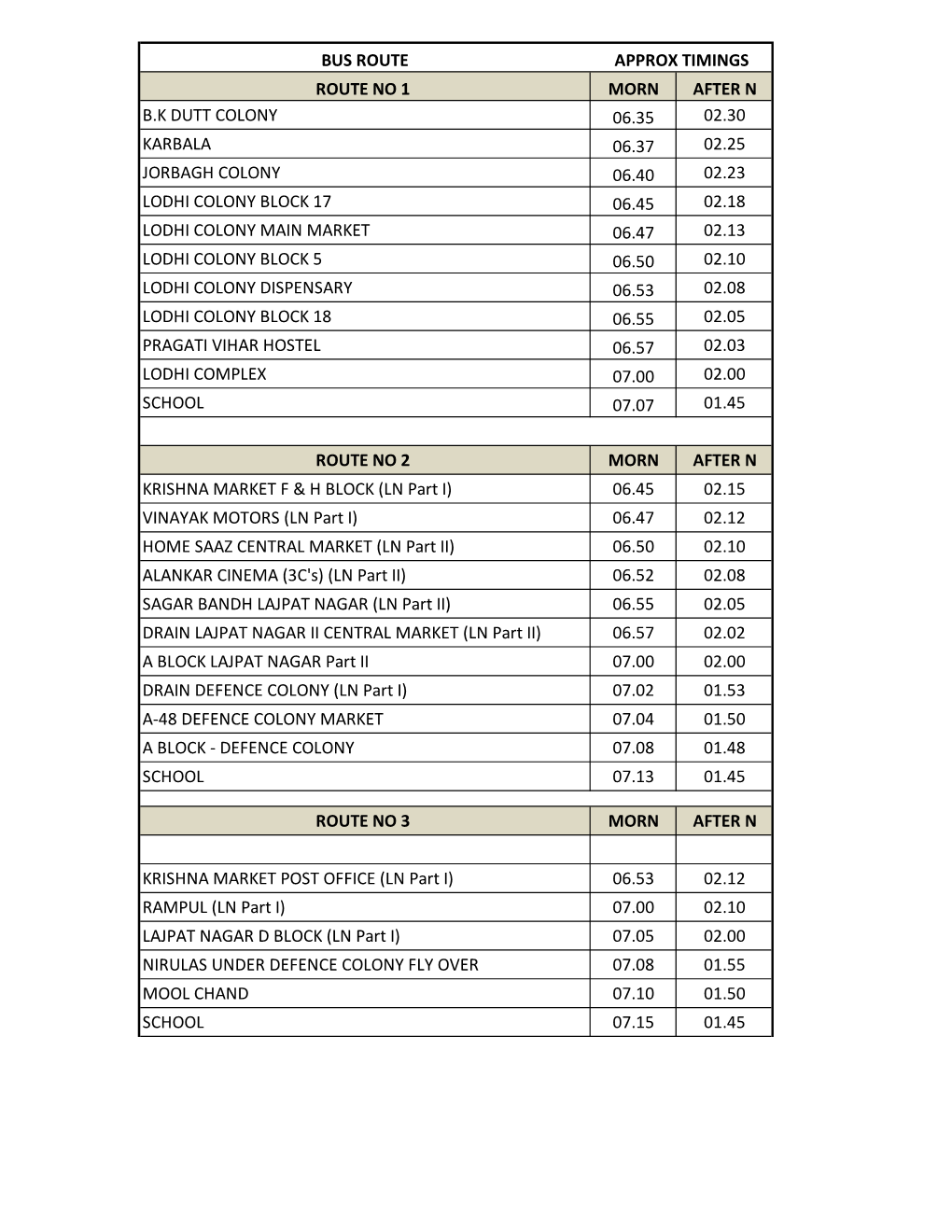 Bus Route 1 to 21 with Timings