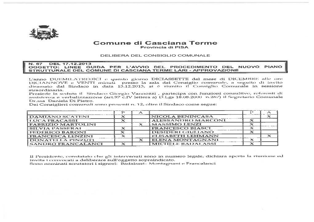 Avvio Del Procedimento Dell'estinto Comune Di Casciana Terme Del. C.C. N. 67 Del 17/12/2013