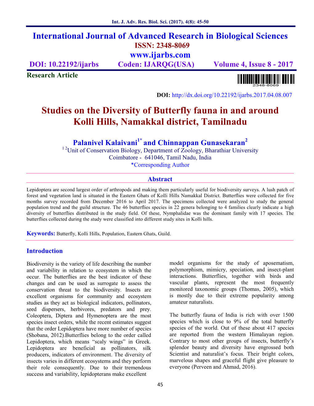 Studies on the Diversity of Butterfly Fauna in and Around Kolli Hills, Namakkal District, Tamilnadu