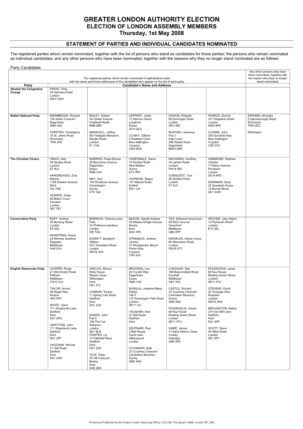 GREATER LONDON AUTHORITY ELECTION ELECTION of LONDON ASSEMBLY MEMBERS Thursday, 1St May 2008