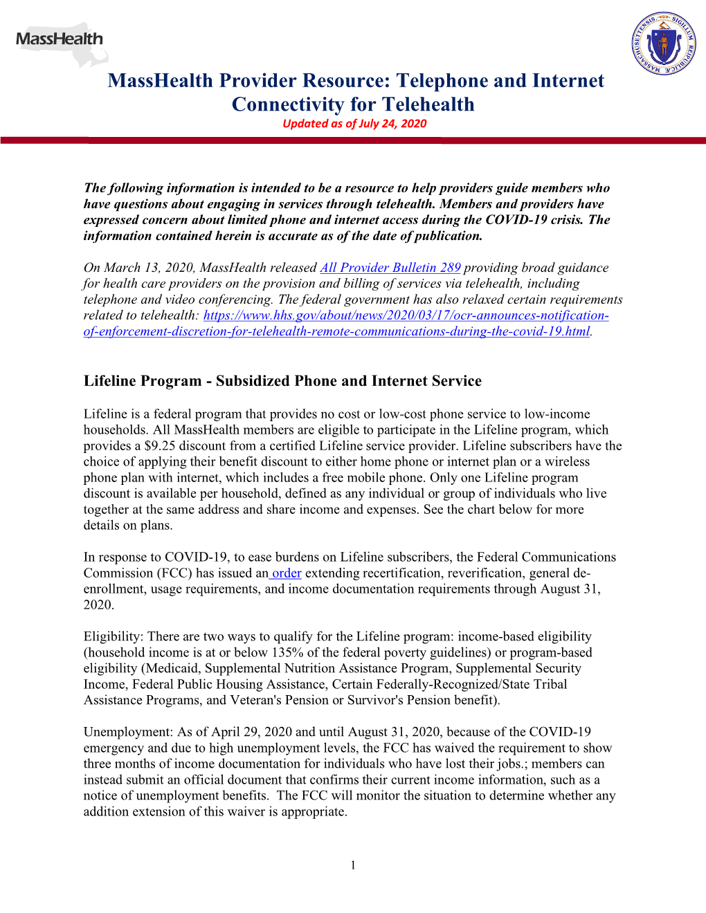 Masshealth Provider Resource: Telephone and Internet Connectivity for Telehealth Updated As of July 24, 2020