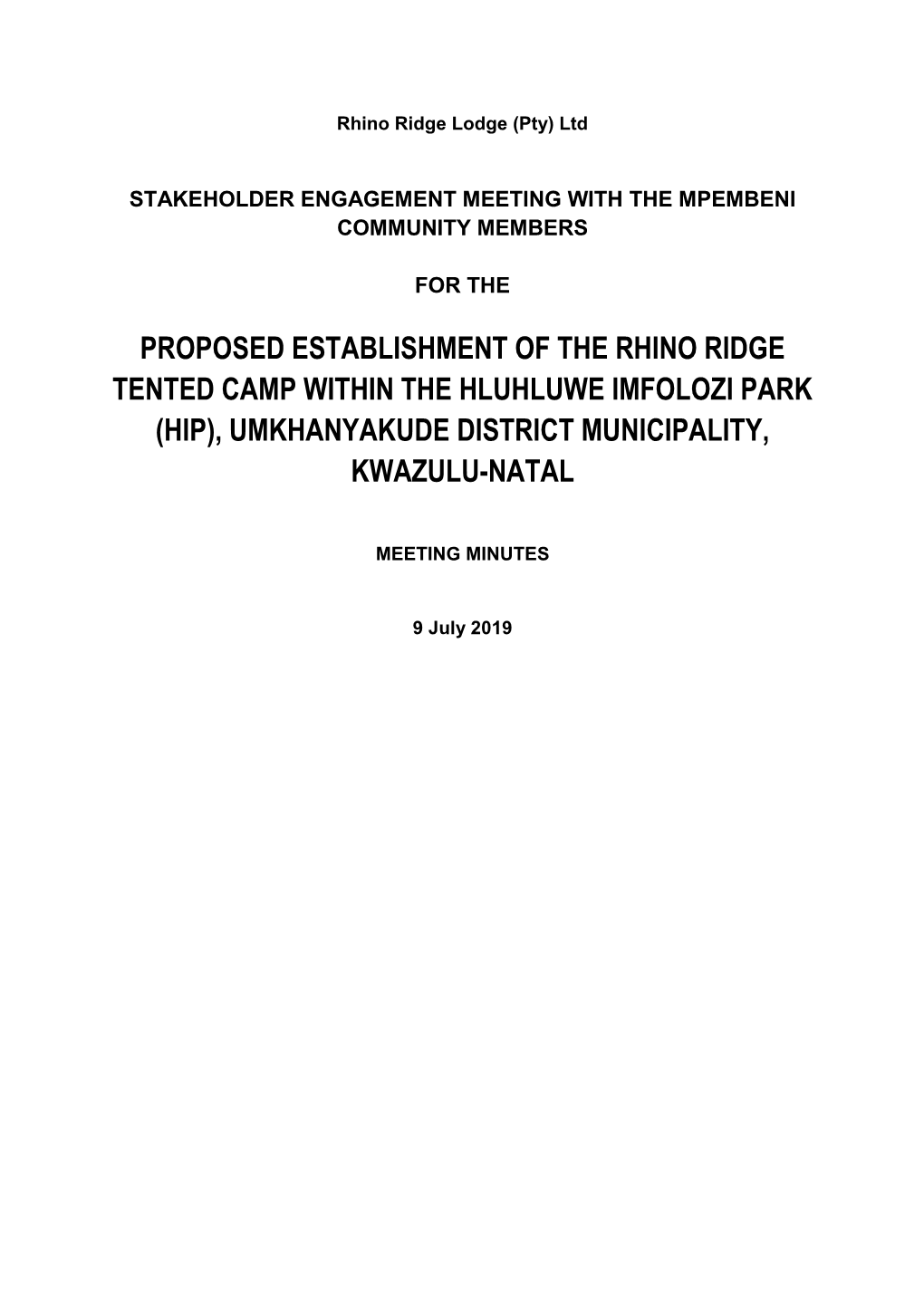 Proposed Establishment of the Rhino Ridge Tented Camp Within the Hluhluwe Imfolozi Park (Hip), Umkhanyakude District Municipality, Kwazulu-Natal