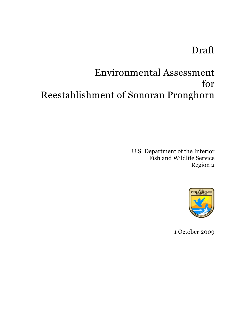 Draft Environmental Assessment for Reestablishment of Sonoran Pronghorn