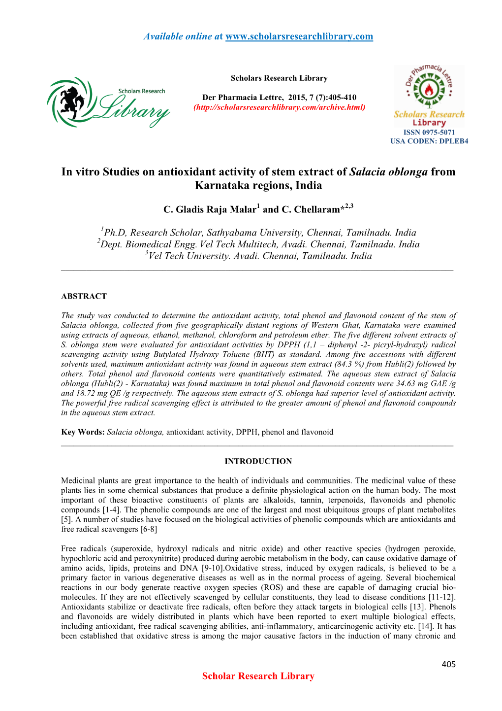In Vitro Studies on Antioxidant Activity of Stem Extract of Salacia Oblonga from Karnataka Regions, India