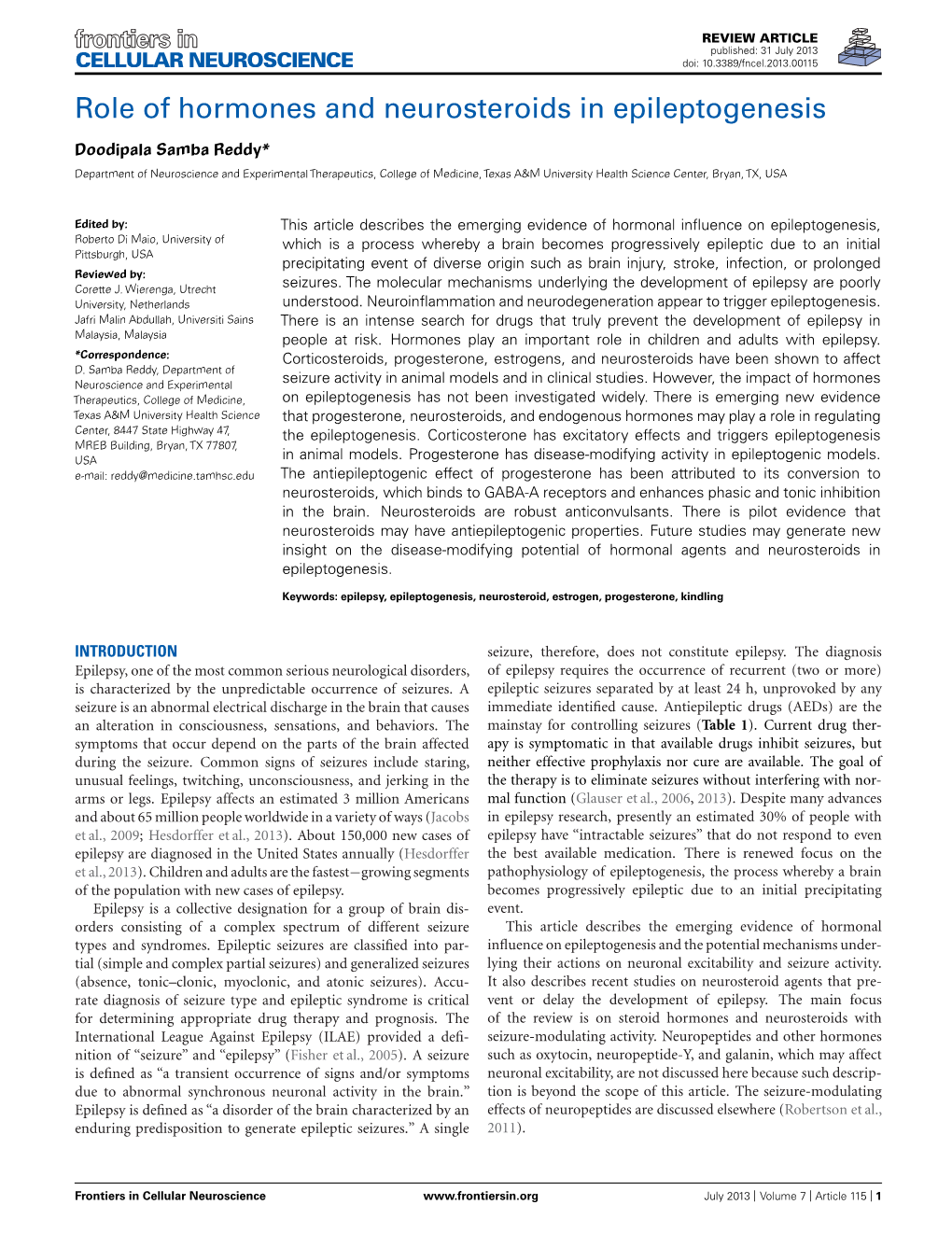 Role of Hormones and Neurosteroids in Epileptogenesis