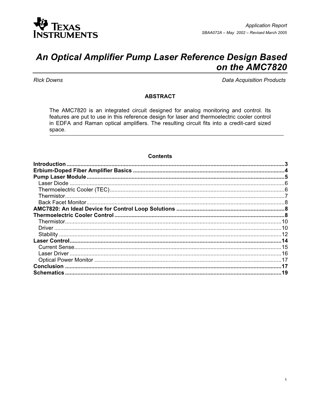 An Optical Amplifier Pump Laser Reference Design Based on the AMC7820