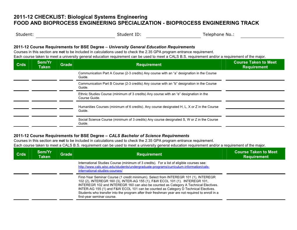 2011-12 CHECKLIST: Biological Systems Engineering