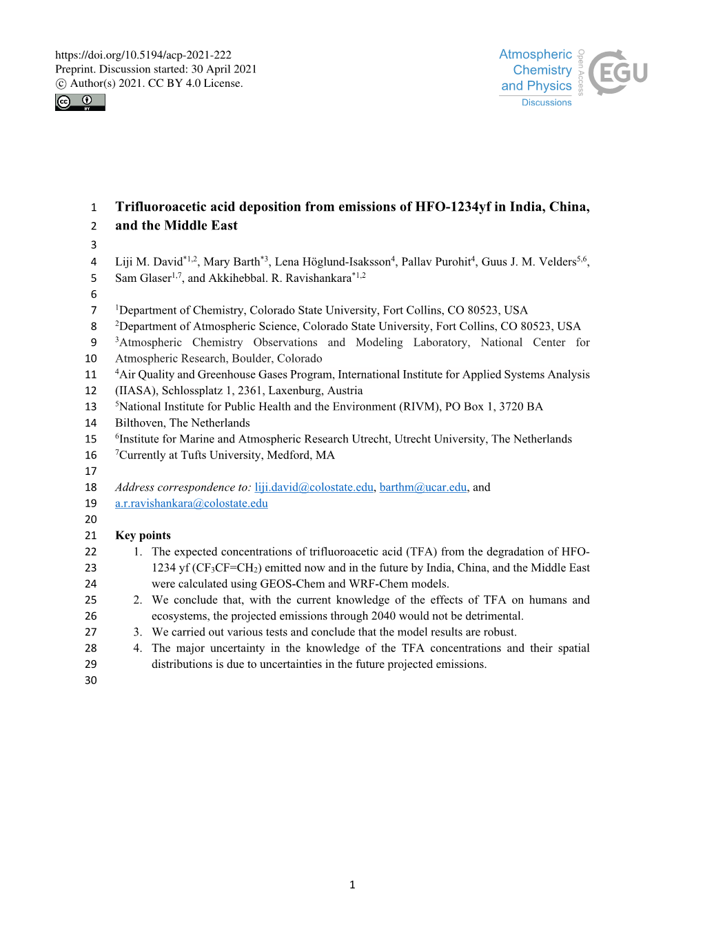 Trifluoroacetic Acid Deposition from Emissions of HFO-1234Yf in India, China, 2 and the Middle East 3 4 Liji M