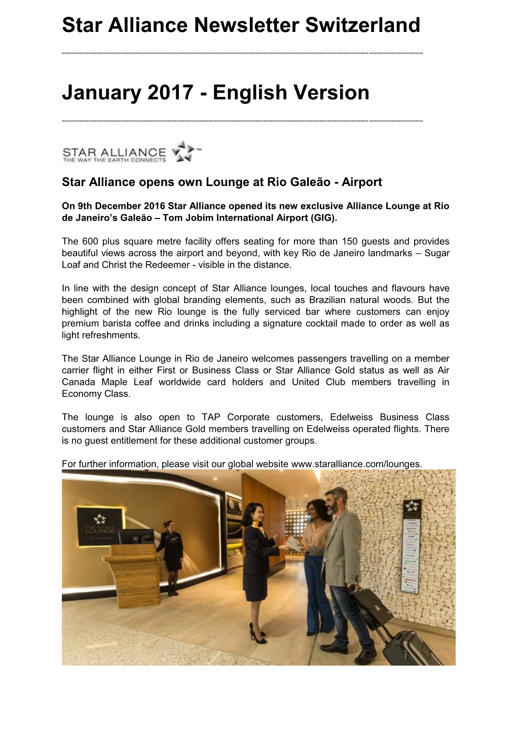 Star Alliance Newsletter Switzerland January 2017