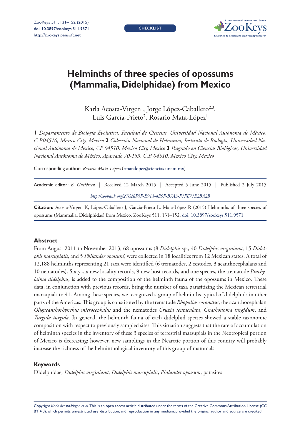 Helminths of Three Species of Opossums (Mammalia, Didelphidae) from Mexico