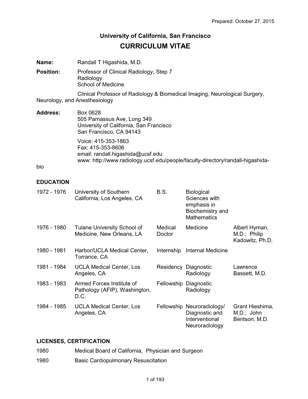 University of California, San Francisco CURRICULUM VITAE