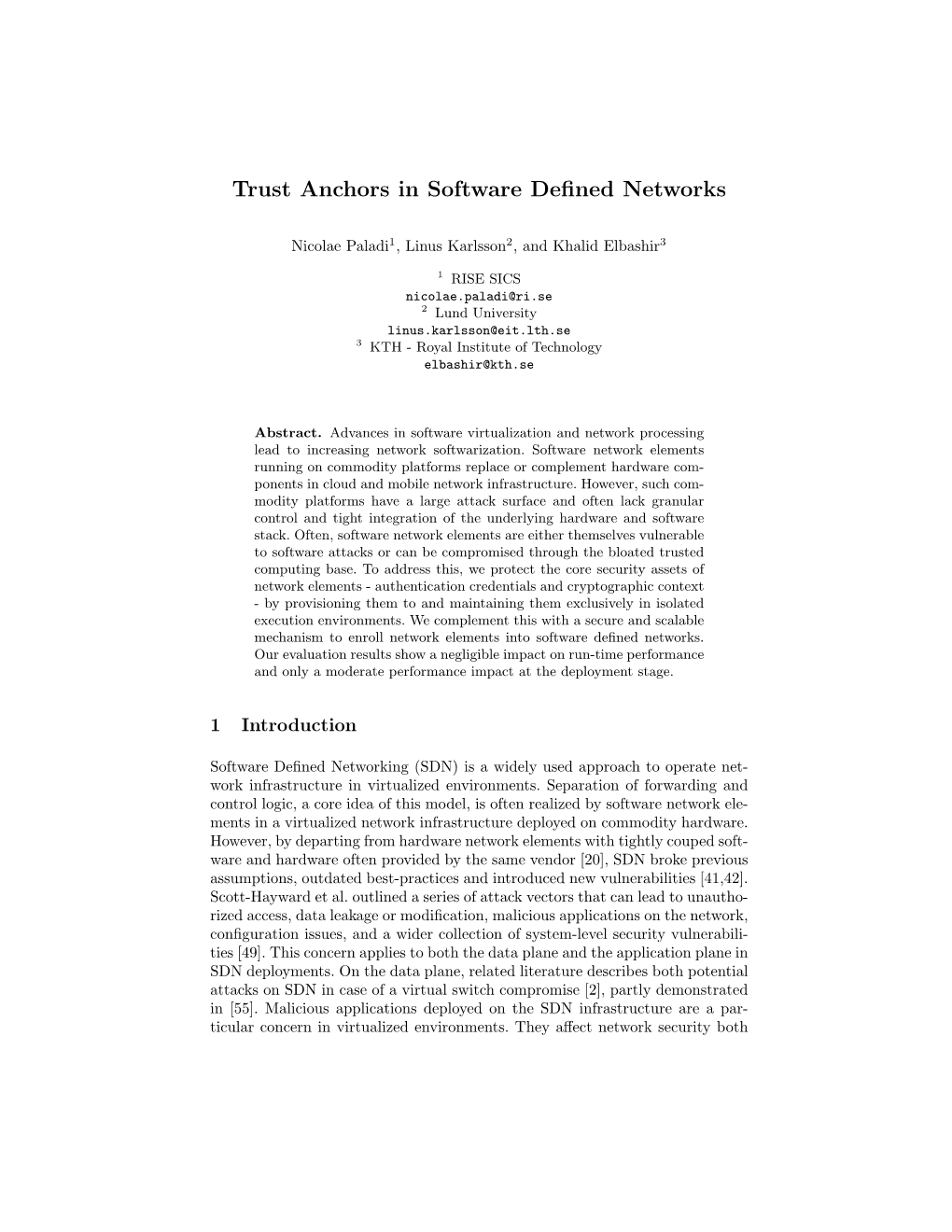 Trust Anchors in Software Defined Networks