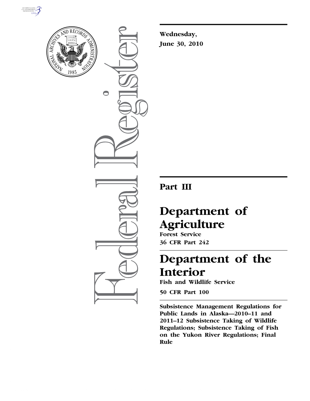 Department of Agriculture Department of the Interior