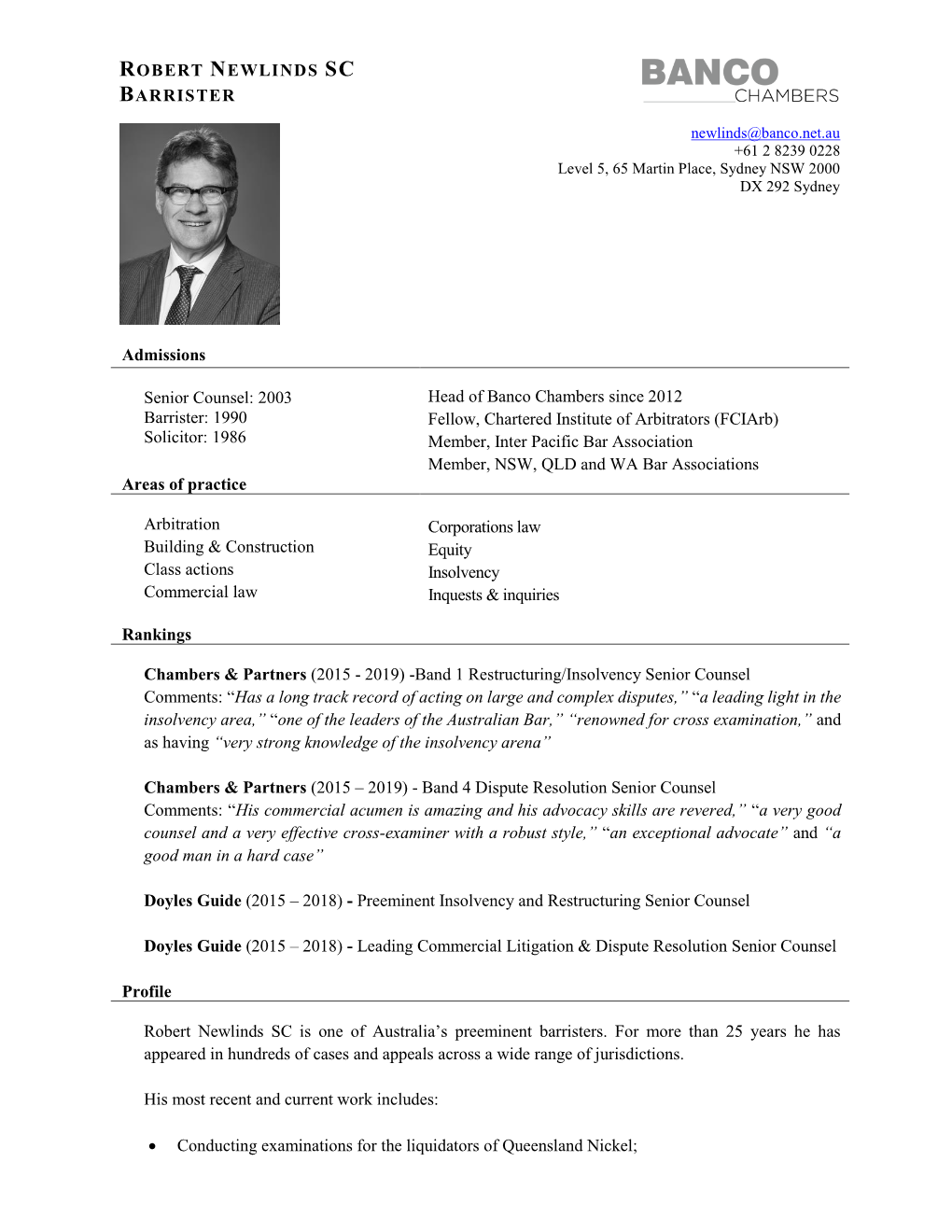 ROBERT NEWLINDS SC BARRISTER Admissions Senior Counsel