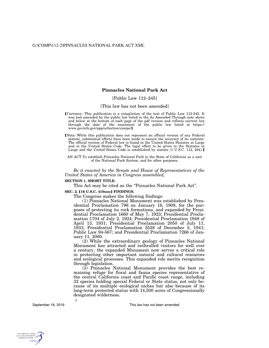 Pinnacles National Park Act [Public Law 112–245] [This Law Has Not Been Amended] Øcurrency: This Publication Is a Compilation of the Text of Public Law 112-245